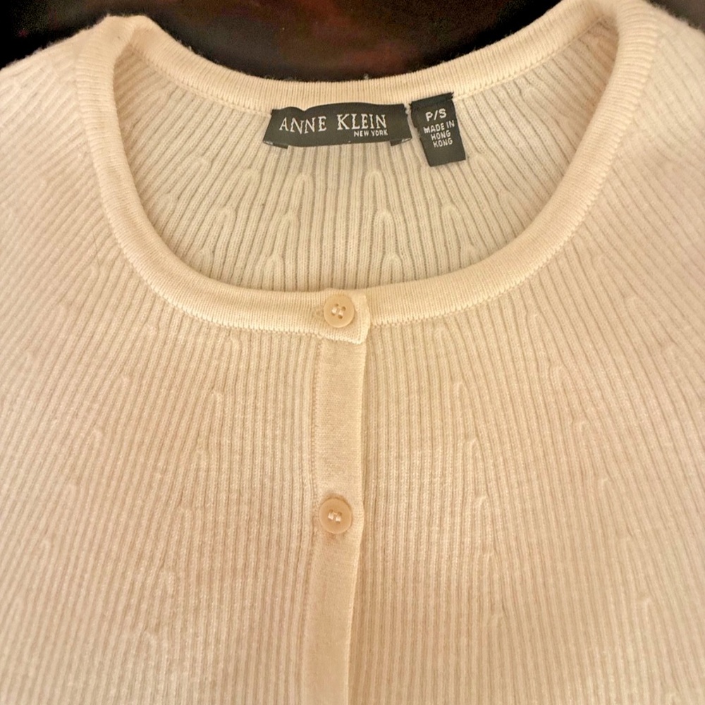 Anne Klein Knit 100% Wool Cardigan Sweater Cream/Ivory Women PS Superior QUALITY